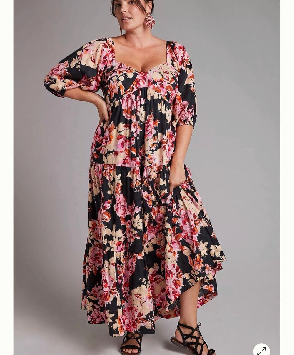 ANTHROPOLOGIE A+ Blossom Floral Maxi Dress Size 1X XL Balloon Sleeve Black Pink